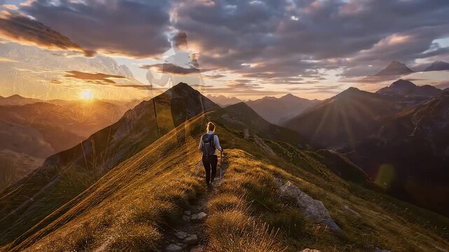 Woman hiking on mountain trail at sunset