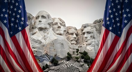 Naklejka premium Presidents' day tribute mount rushmore monument with american flags