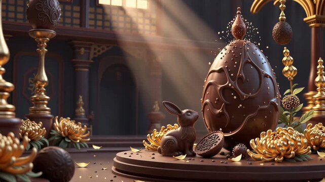  a chocolate bunny and a large, decorated chocolate egg on a wooden table. The egg has intricate patterns and small pearls.