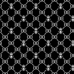 High-contrast seamless repeating pattern with crowned bee and knot lattice elements in white on a black background. Great for textiles, wallpaper, packaging, branding, and modern surface design.