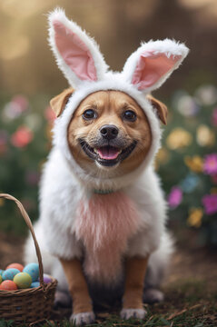 縦画像向けのイースター素材、うさぎコスの犬がかわいい春の祝祭デザインに使いやすい.生成AI