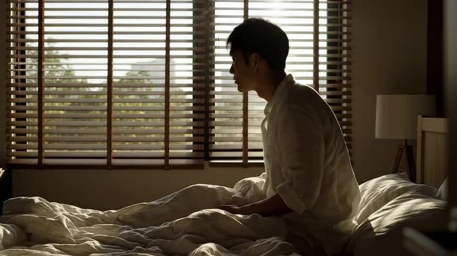 Man sitting on bed looking out window