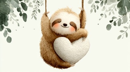 Fototapeta premium Adorable illustration of a smiling sloth cuddling a knitted heart on a swing framed by watercolor foliage, perfect for nursery decor, greeting cards, or romantic designs.