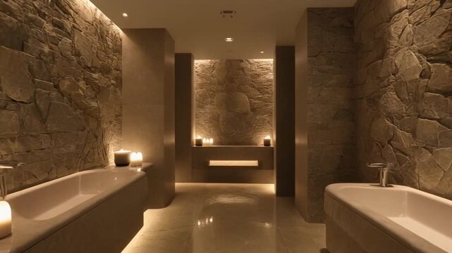 Luxurious bathroom with stone walls and modern sinks illuminated by soft lighting