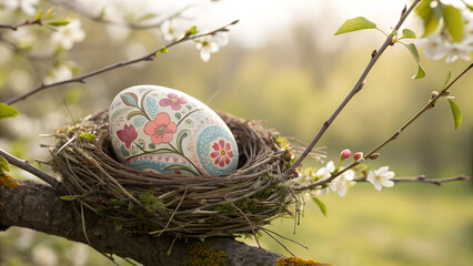 Ultra realistic easter egg decoration in a woven nest for holiday display
