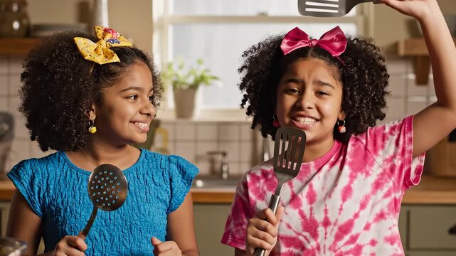 Two smiling girls in kitchen with spatulas