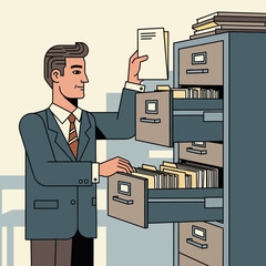Man organizing files in a filing cabinet, office work concept
