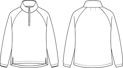 Men’s half zip pullover technical flat sketch with raglan sleeves, front and back view vector illustration for sportswear design and apparel manufacturing reference © Shoentesh