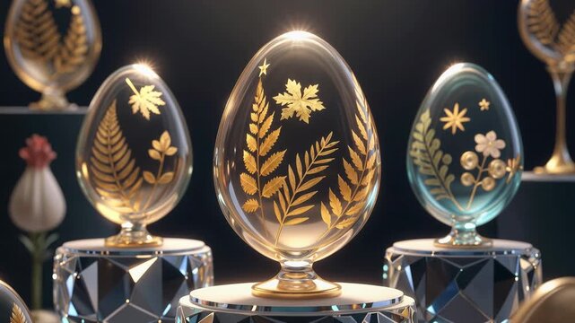several glass egg-shaped containers, each with golden fern and flower designs, displayed on diamond-patterned stands. The containers are illuminated from below.