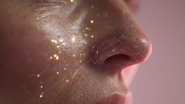Ultra-detailed Macro View of Human Facial Skin With Digital HUD Overlay and Golden Particles Highlighting Collagen and Hydration Levels