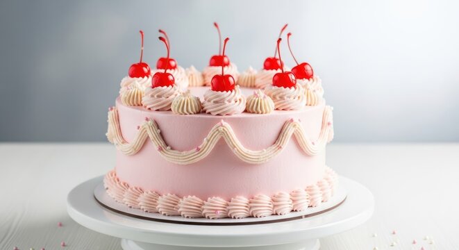 Pink frosted layer cake topped with cherries and cream swirls.