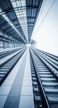 A wide, empty view of a contemporary rail platform and parallel tracks beneath a large, open shed roof. Infrastructure for transport and journey, movement, wide, daylight