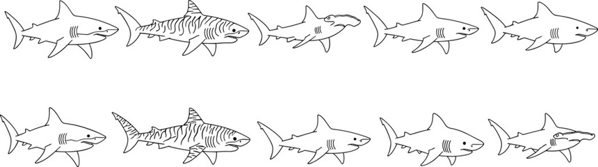 Obraz premium Shark line art illustration set showing different swimming poses, hand drawn marine predator collection isolated on white background for wildlife and ocean design