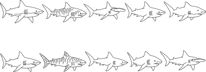 Shark line art illustration set displaying multiple swimming poses, hand drawn marine predator collection isolated on white background for ocean wildlife design