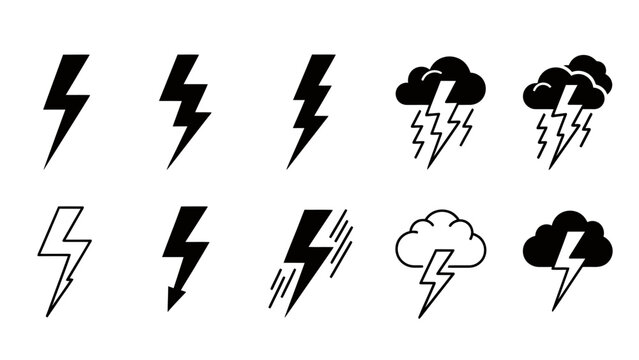 Collection of black and white lightning bolt icons and storm symbols, depicting electricity, weather, and power concepts for various uses.