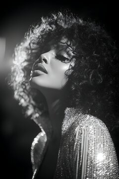 1970s disco glam queen, Studio 54 entrance, glossy voluminous hair, dramatic nightclub lighting