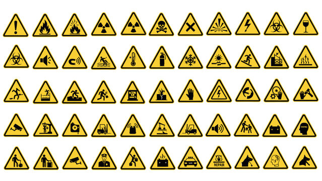 A comprehensive collection of yellow triangular warning and hazard signs featuring various black pictograms for safety and danger alerts in industrial settings.