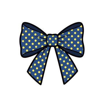 a symmetrical navy blue ribbon bow with vibrant yellow polka dots and a thick black outline, isolated on white in flat vector style. concept of graphic design iconography