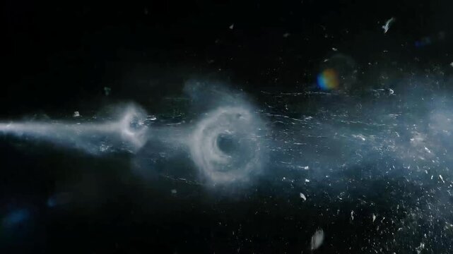 A visually stunning depiction of two black holes colliding and merging in the vastness of space, creating a spectacular cosmic event.