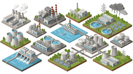 Isometric illustration of various industrial facilities and power generation plants including nuclear, thermal, hydro, and solar energy, along with water treatment.