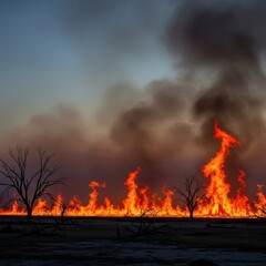 Dangerous wildfire rapidly spreading across the dry landscape. Intense heat and heavy smoke fill the wide horizontal horizon during a dangerous drought season, destruction, gray, fire