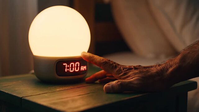 Hand reaching for glowing alarm clock