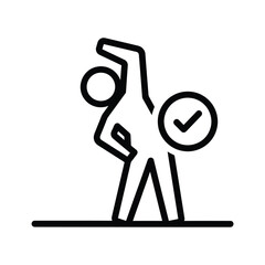 Line art illustration of a person stretching with a checkmark symbol