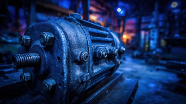 Close-up of a heavy-duty industrial pump housing with intricate bolted details in a dimly lit factory setting