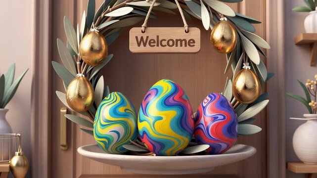 Decorative wreath on a wooden door, with a "Welcome" sign, featuring gold eggs and colorful, swirled Easter eggs in blue, yellow, and purple. Leafy branches frame the wreath.