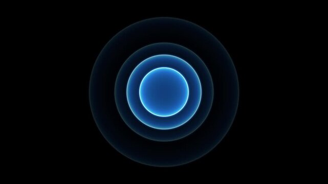 Concentric circles of glowing electric blue light radiate outwards from a dark center against a stark black background creating a hypnotic visual effect suggestive of sound waves energy pulses or a