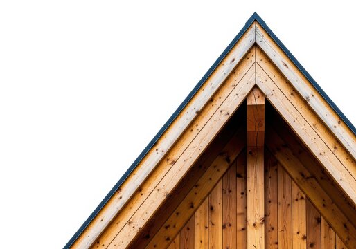 A close-up view of a wooden gable wall structure showing the architectural geometry where the pitched roof meets the vertical facade, carpentry, design, house