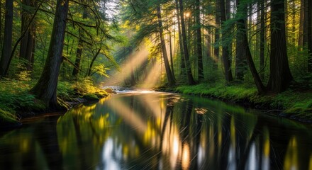 Obraz premium A serene natural landscape featuring a dense, ancient forest bathed in soft light, reflecting off the calm surface of a winding river, plant, natural light, environment