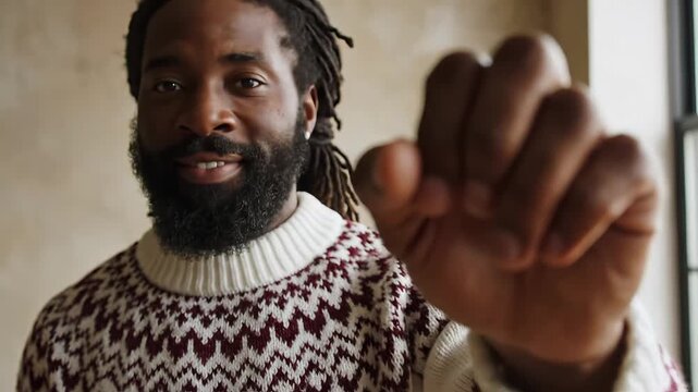 Man in patterned sweater holding finger