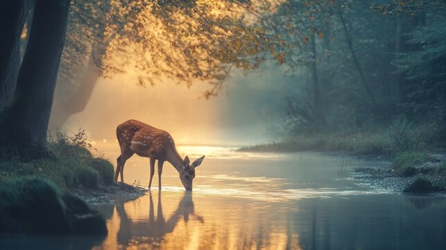 A deer drinks at a misty stream in a golden sunrise forest