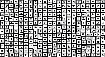 Abstract grid of diverse symbols and characters in black and white.