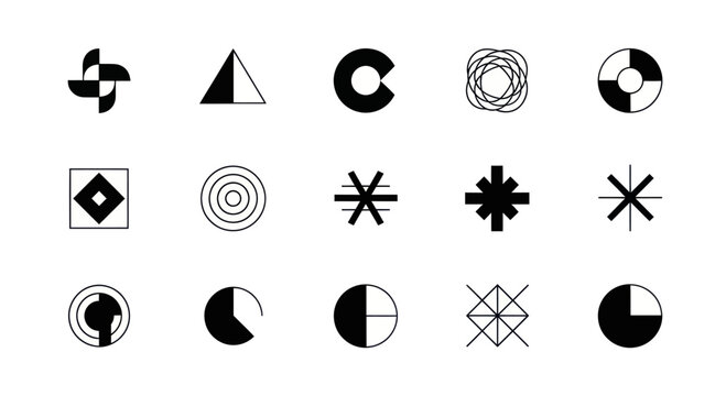 Abstract geometric shapes and symbols in black and white.