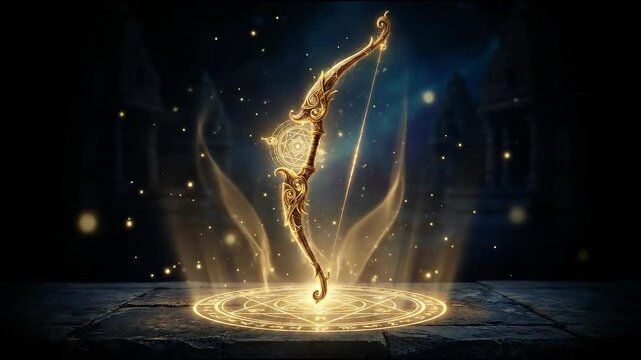 Lord rama's ornate golden bow is dramatically glowing in a mystical temple setting for ram navami.