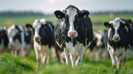 Dairy farm with healthy cows grazing on green pasture on blurred background