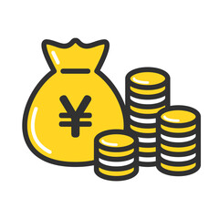 貯金と資産を表すお金の袋とコインのアイコンイラスト。Money Bag and Coins Icon Illustration Representing Savings and Assets.