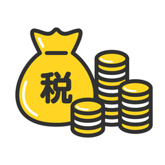 税金を表すお金の袋とコインのアイコンイラスト。Money Bag and Coins Icon Illustration Representing Tax and Finance.