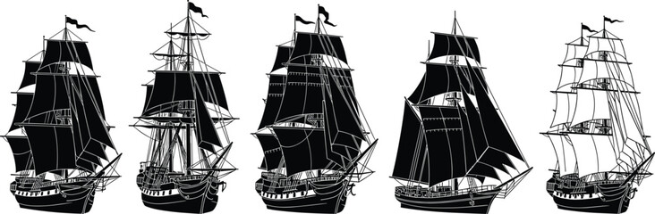 Black sailing ship silhouettes set featuring historical tall ships, old maritime vessels, naval transportation, and classic sea exploration ships isolated on white background © Shoentesh