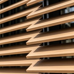 Detailed Close-up of Motorized Wooden Brise Soleil on Modern Fa&ccedil;ade for Sustainable Solar Shading.
