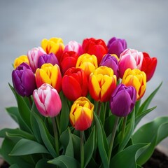 Fototapeta premium A vibrant collection of brightly colored cultivated tulips growing closely together in a sunny spring garden patch, showcasing floral beauty, tulip, garden, outdoors