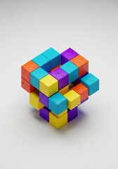 Obraz premium Colorful geometric blocks arranged in a complex abstract structure symbolizing structured thinking, critical analysis, and systemic design, planning, framework, toy
