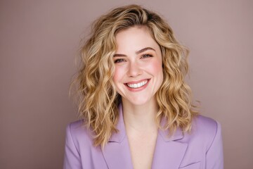 Obraz premium Portrait of a smiling woman with wavy blonde hair wearing a light purple blazer against a neutral background
