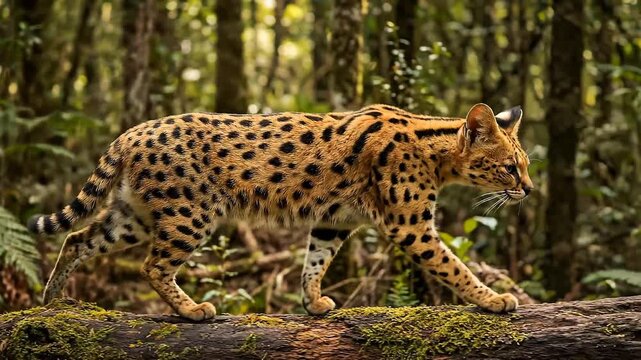 Profile of a majestic serval cat with spotted fur and striped ears in natural habitat