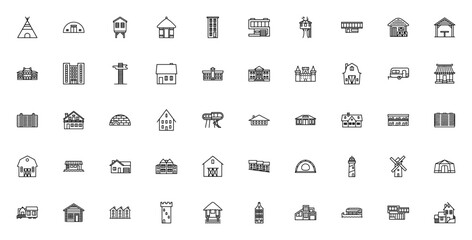 Buildings Pack_4208 icon set. Vector illustration of Wigwam, Hangar, Beach Hut, Mansion, Skyscraper, Castle, Barn, Igloo, Lighthouse, Wind Mill, Yurt, Cabin and more.