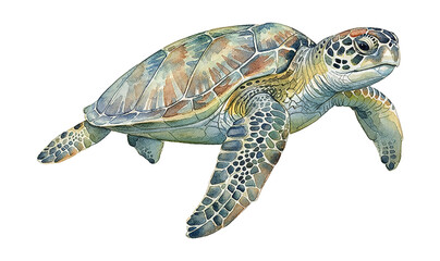 Fototapeta premium Majestic Sea Turtle Swimming with Graceful Flippers Underwater Detailed Watercolor Illustration Isolated White Background