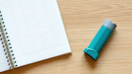 Asthma Inhaler and Medical Notebook on Wooden Desk Surface