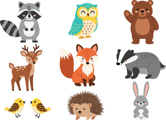 Fototapeta premium Cute forest animals collection with fox, bear, owl, raccoon, deer, badger, hedgehog, and rabbit for nursery decor and children design.